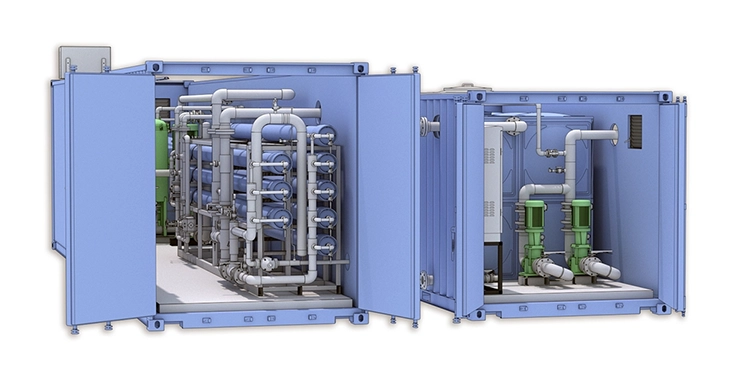modular water treatment system in light blue shipping container rendering